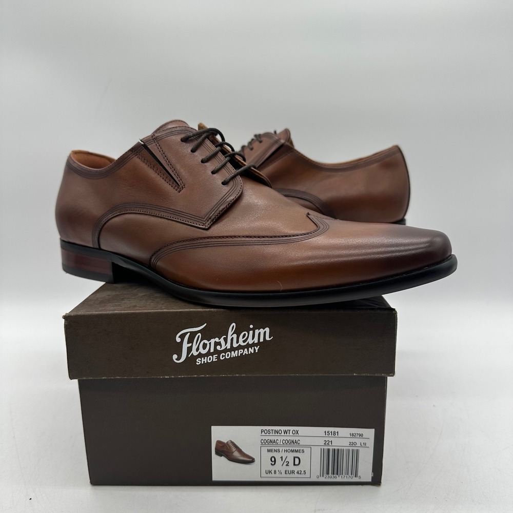Florsheim 15181 Postino WT OX Mens Size 9.5 D Cognac Leather Wingtip Dress Shoes